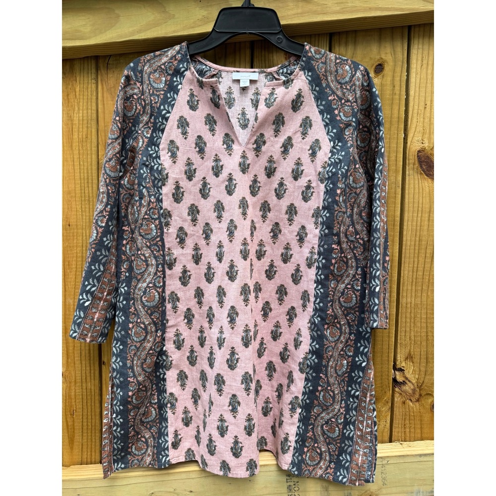 Pure Jill Petite Small Top Tunic Pink Paisley Print Cotton‎ Linen 3/4 Sleeve